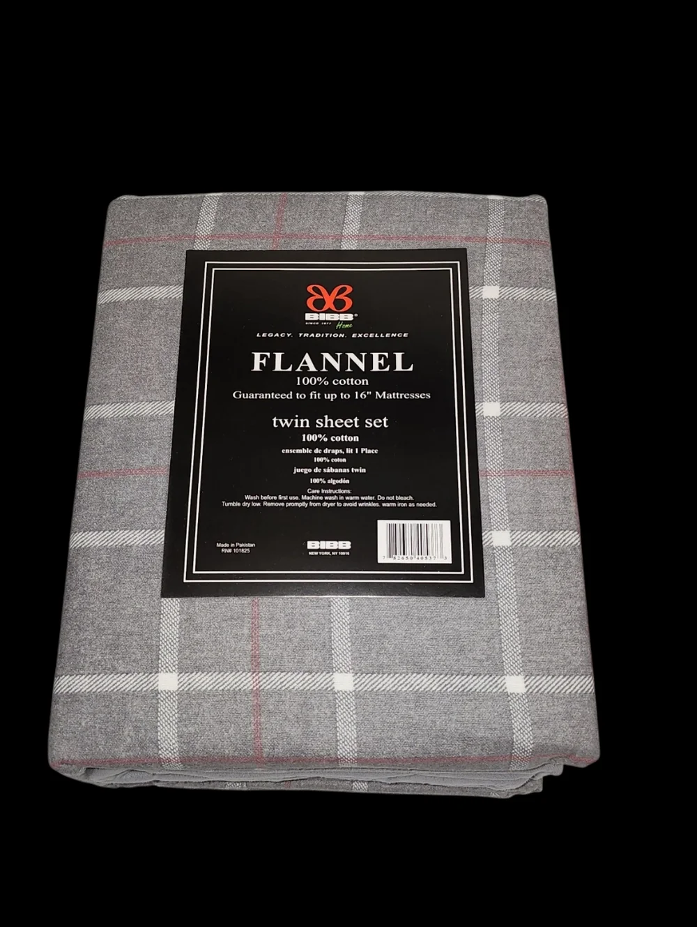 BIBB Home Twin Size Gray Checkered Cotton Flannel Sheet Set 3pc‎